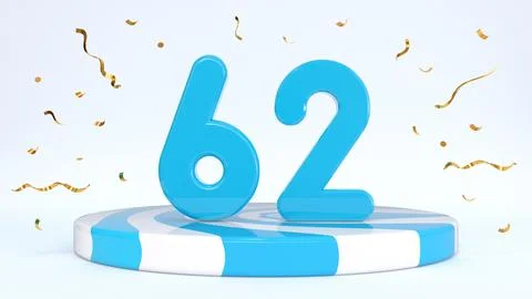 Text 62 standing on a striped stand, podium, stage surrounded by confetti. Gr Stock Illustration