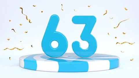 Text 63 standing on a striped stand, podium, stage surrounded by confetti. Gr Stock Illustration