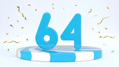 Text 64 standing on a striped stand, podium, stage surrounded by confetti. Gr Stock Illustration
