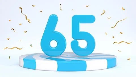 Text 65 standing on a striped stand, podium, stage surrounded by confetti. Gr Stock Illustration