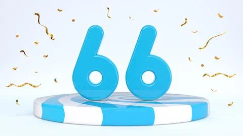 Text 66 standing on a striped stand, podium, stage surrounded by confetti. Gr Stock Illustration