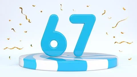 Text 67 standing on a striped stand, podium, stage surrounded by confetti. Gr Stock Illustration