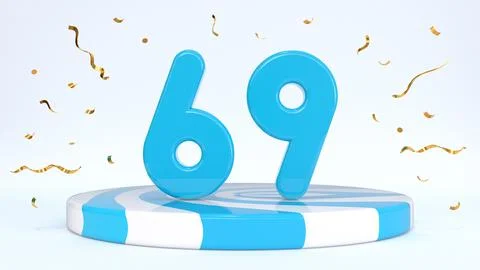 Text 69 standing on a striped stand, podium, stage surrounded by confetti. Gr Stock Illustration