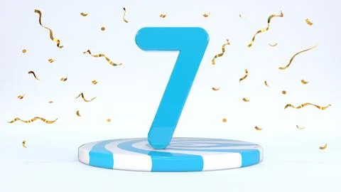 Text 7 standing on a striped stand, podium, stage surrounded by confetti. G.. Stock Illustration