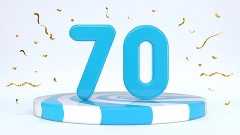 Text 70 standing on a striped stand, podium, stage surrounded by confetti. Gr Stock Illustration