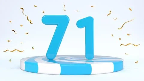 Text 71 standing on a striped stand, podium, stage surrounded by confetti. Gr Stock Illustration