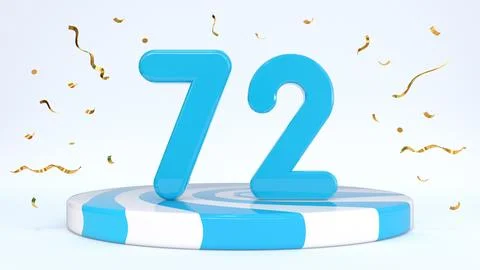 Text 72 standing on a striped stand, podium, stage surrounded by confetti. Gr Stock Illustration