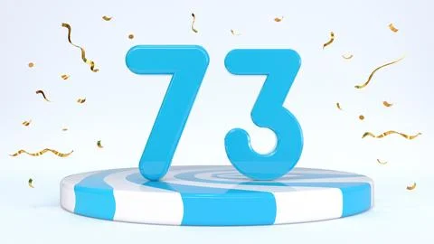 Text 73 standing on a striped stand, podium, stage surrounded by confetti. Gr Stock Illustration