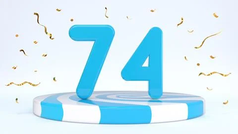 Text 74 standing on a striped stand, podium, stage surrounded by confetti. Gr Stock Illustration