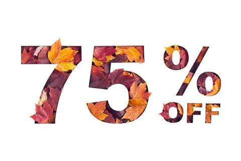 Text 75 percent off filled with texture of red fall maple leaves Stock Photos