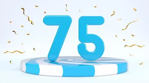 Text 75 standing on a striped stand, podium, stage surrounded by confetti. Gr Stock Illustration
