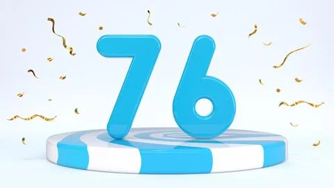 Text 76 standing on a striped stand, podium, stage surrounded by confetti. Gr Stock Illustration