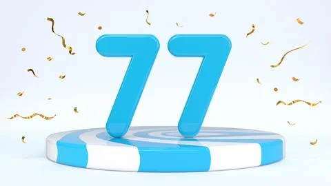 Text 77 standing on a striped stand, podium, stage surrounded by confetti. Gr Stock Illustration