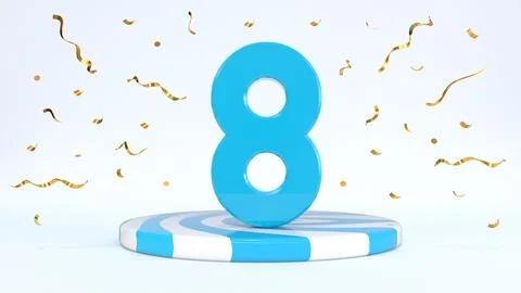 Text 8 standing on a striped stand, podium, stage surrounded by confetti. G.. Stock Illustration