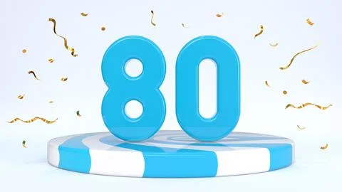 Text 80 standing on a striped stand, podium, stage surrounded by confetti. Gr Stock Illustration