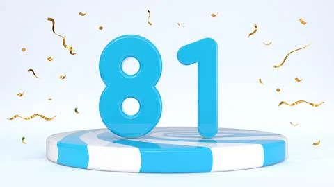 Text 81 standing on a striped stand, podium, stage surrounded by confetti. Gr Stock Illustration