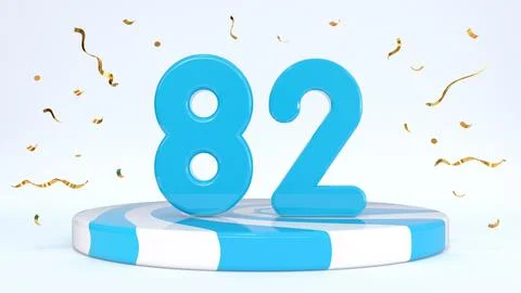 Text 82 standing on a striped stand, podium, stage surrounded by confetti. Gr Stock Illustration