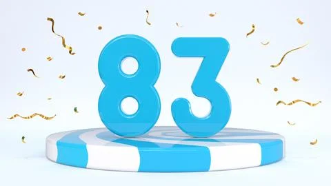 Text 83 standing on a striped stand, podium, stage surrounded by confetti. Gr Stock Illustration