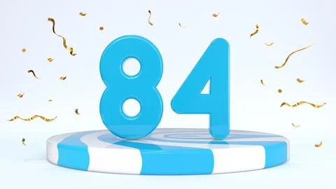 Text 84 standing on a striped stand, podium, stage surrounded by confetti. Gr Stock Illustration