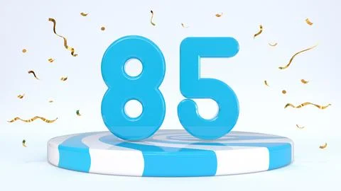 Text 85 standing on a striped stand, podium, stage surrounded by confetti. Gr Stock Illustration