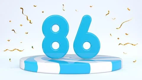 Text 86 standing on a striped stand, podium, stage surrounded by confetti. Gr Stock Illustration