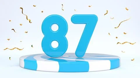 Text 87 standing on a striped stand, podium, stage surrounded by confetti. Gr Stock Illustration