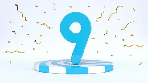 Text 9 standing on a striped stand, podium, stage surrounded by confetti. G.. Stock Illustration