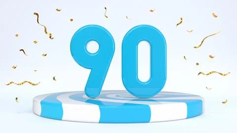 Text 90 standing on a striped stand, podium, stage surrounded by confetti. Gr Stock Illustration
