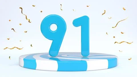 Text 91 standing on a striped stand, podium, stage surrounded by confetti. Gr Stock Illustration