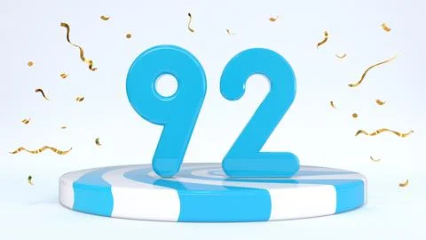 Text 92 standing on a striped stand, podium, stage surrounded by confetti. Gr Stock Illustration