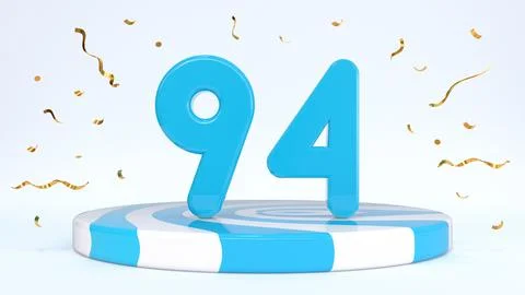 Text 94 standing on a striped stand, podium, stage surrounded by confetti. Gr Stock Illustration