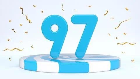 Text 97 standing on a striped stand, podium, stage surrounded by confetti. Gr Stock Illustration