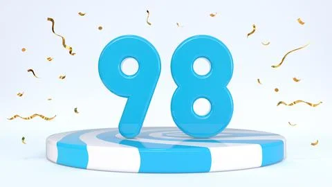 Text 98 standing on a striped stand, podium, stage surrounded by confetti. Gr Stock Illustration