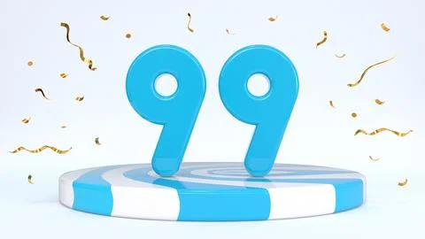 Text 99 standing on a striped stand, podium, stage surrounded by confetti. Gr Stock Illustration