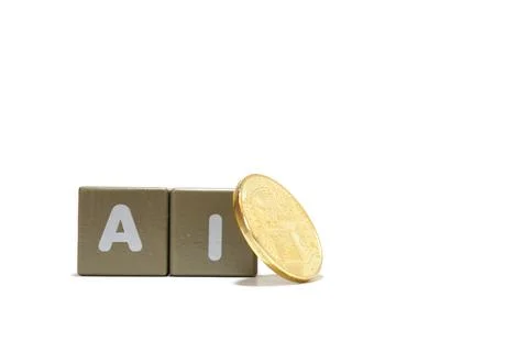 Text AI Artificial Intelligence on colorful wooden and coin isolated on a whi 写真素材