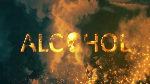 Text alcohol with man skull on backdrop with fire and smoke - loop video Stock Footage 205582816
