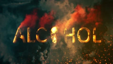 Text alcohol with skull burning on dark smoke bg - loop video Stock Footage 217363286