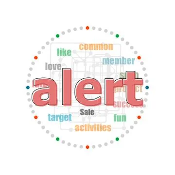 Text Alert. Security concept . Word collage with different association terms Illustrazione stock