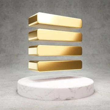 Text Align Justify icon. Shiny golden Text Align Justify symbol on white marb Stock Illustration