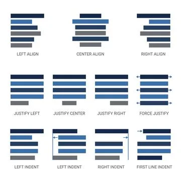 Text alignment and indentation examples showing left, center, right, justif.. 库存插图