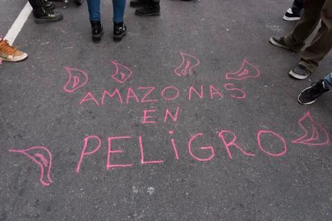 Text Amazon in danger. Protest for the protection of the Amazonia Stock Photos