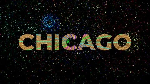 Text with american flag pattern and word chicago and many fireworks on blac.. Stock Illustration