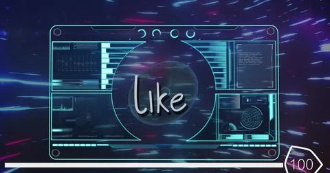 Like text and digital interface with data processing over light trails against 库存照片