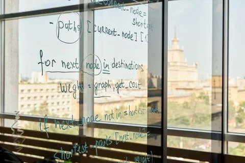 Text and Formulas on Glass Wall Stock Photos