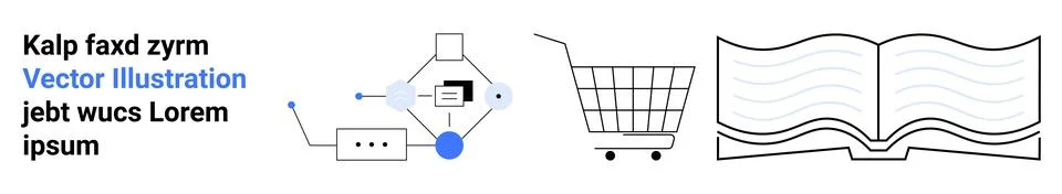 Text and geometric circuit element, shopping cart icon, open book graphic. Id Stock Illustration