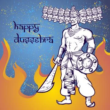 Text and Ravana in fire. Postcard for holiday in India. Happy Dussehra Stock Illustration