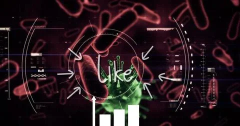 Like text and scope scanning over covid-19 cell and blood vessels against red Stock Illustration