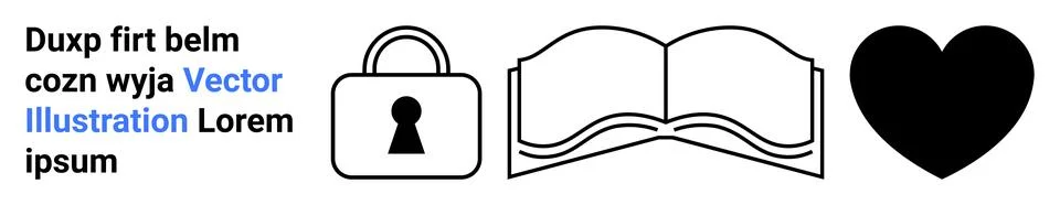 Text and three icons a lock, an open book, and a heart. These elements can sy Stock Illustration