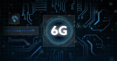 Text animation of 6G technology over blue circuit board design Stock Footage 304101633