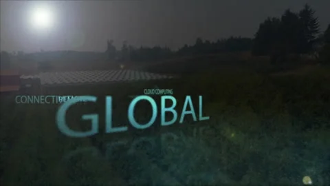 Text animation of global connectivity over scenic landscape at dusk sky Stock Footage 306170434